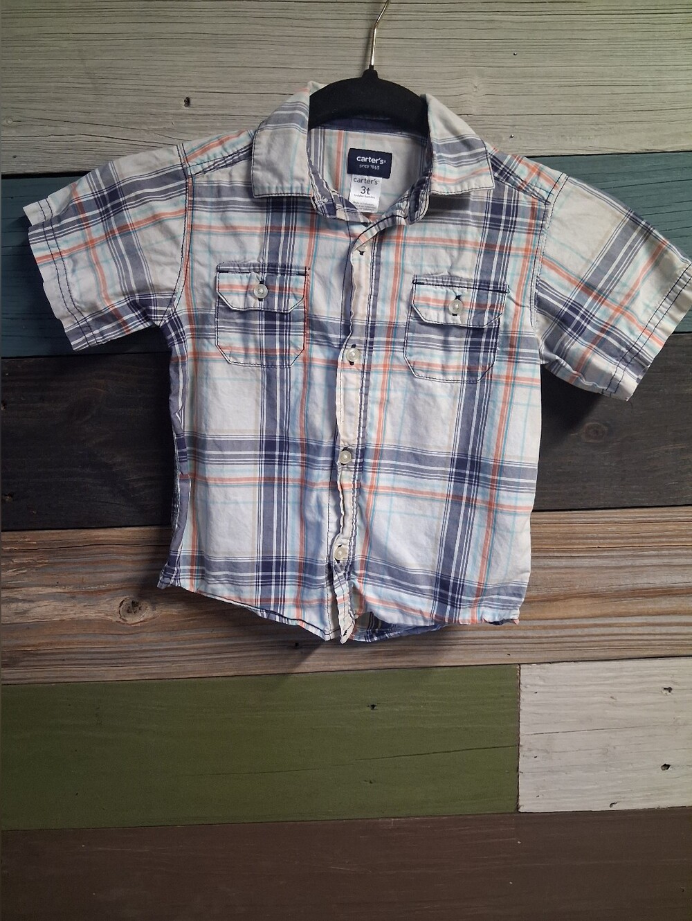 Carter's Short Sleeve Plaid Button-Down Shirt - Blue, Orange & White